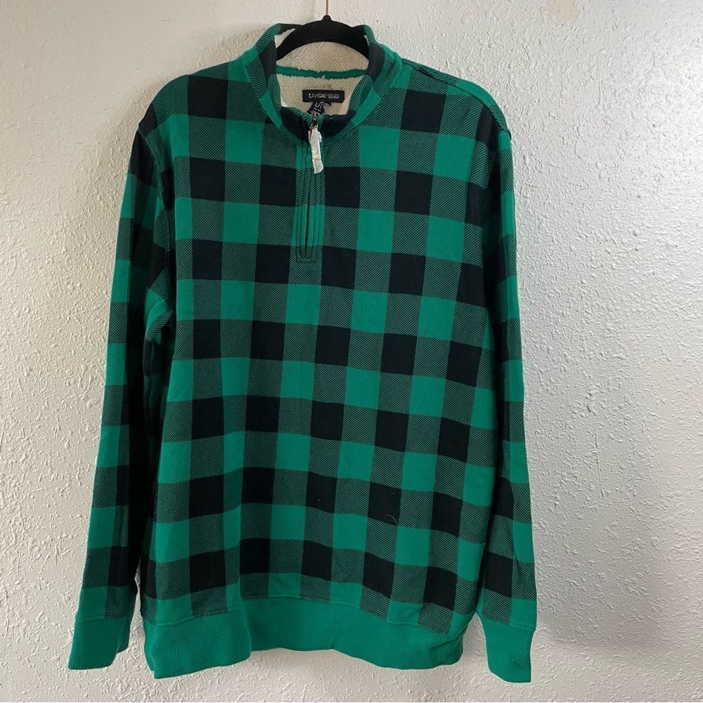 Lands End Men’s Green Plaid Quarter Zip‎ Sweater Size L/T 42-44